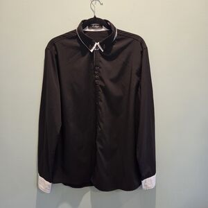 Ruiqige Black Button-Down Shirt with White Contrast Trim Red Button Men's M/L